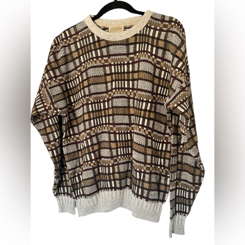 Vintage St John’s‎ Bay Knit Coogi Style Sweater Mens M Geometric Brown & Cream
